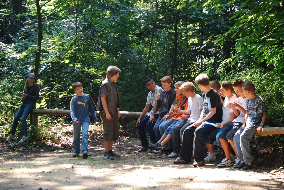 groupe d'adolescents assis sur un tronc d'arbre dans la forêt