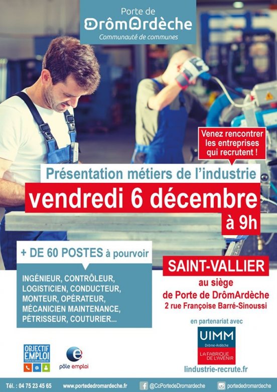 Affiche  du forum des métiers de l'industrie à Saint Vallier le 6 décembre 2019