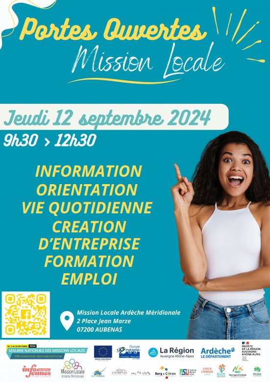 Affiche de la journée portes ouvertes de la Mission Locale Ardèche Méridionale. L'événement se tiendra le jeudi 12 septembre 2024, de 9h30 à 12h30, au 2 Place Jean Marze, 07200 AUBENAS. Le programme inclut des informations sur l'orientation, l'emploi, la formation, la vie quotidienne, et la création d'entreprise. Le Point Information Jeunesse (PIJ), porté par la Mission Locale d'Aubenas, sera également présent.